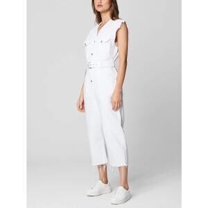 BLANKNYC White Denim Sleeveless Romper Jumpsuit Sz S Belted Cropped Frayed Hem